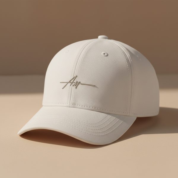 Beige baseball cap with a logo on a beige background