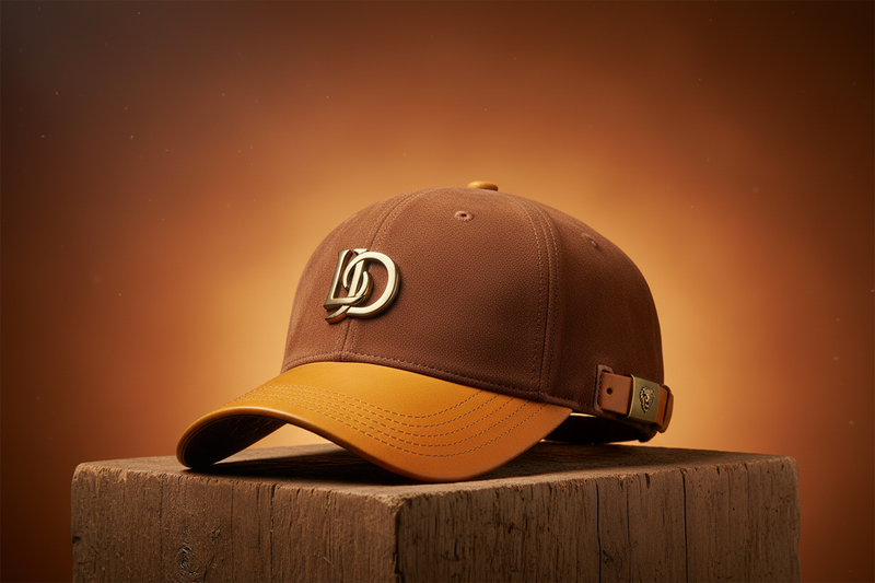 Brown baseball cap with a logo on a wooden block against an orange background