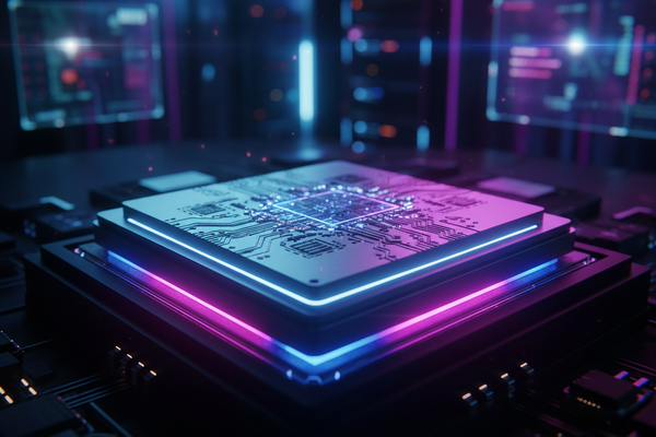 Close-up of a computer chip with glowing blue and pink lights on a blurred technology background.