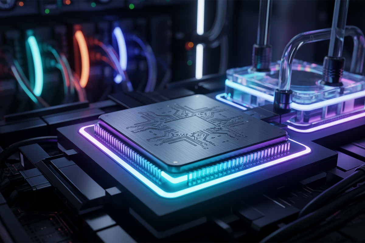 Close-up of a computer processor with RGB lighting on a dark background