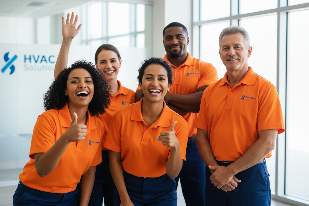Group of HVAC service technicians in orange shirts posing for a photo indoors.