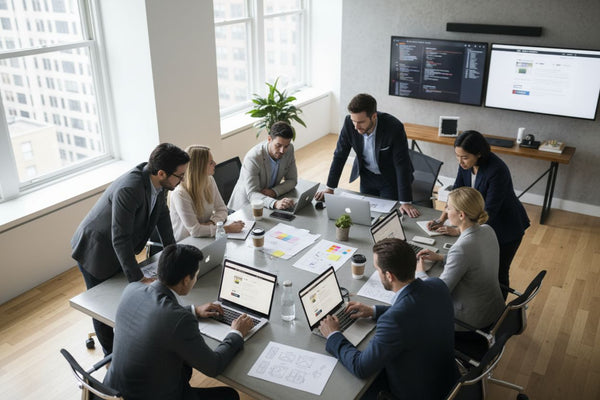 Group of professionals working together in a modern office setting.