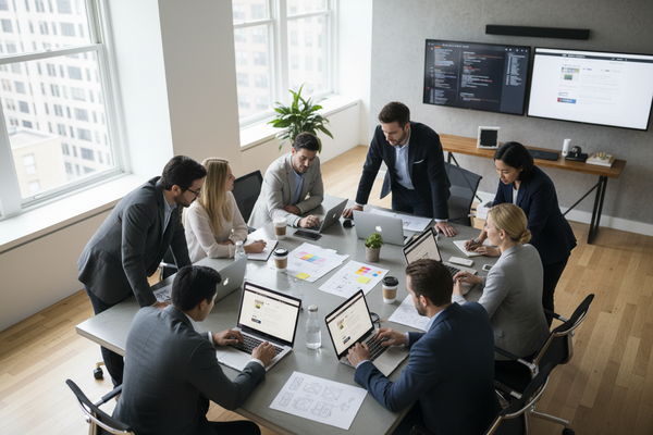 Group of professionals working together in a modern office setting.