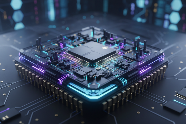High-tech electronic component on a circuit board with a futuristic design.