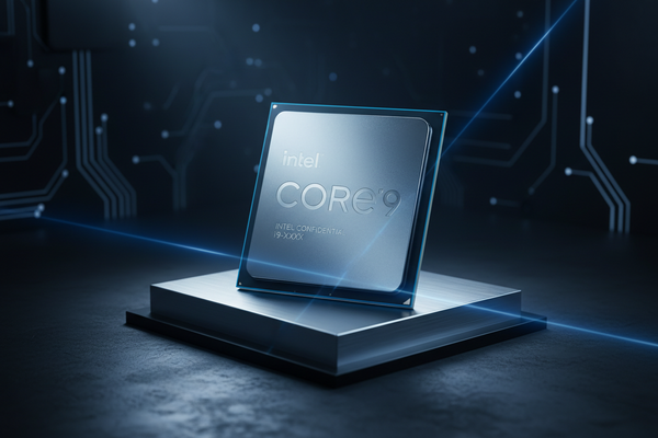 Intel Core i9 processor on a dark background with circuit design elements