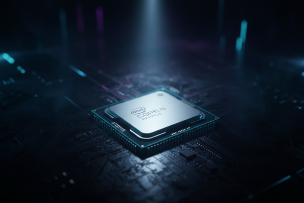 Intel Core i9 processor on a dark, textured surface with a spotlight effect.
