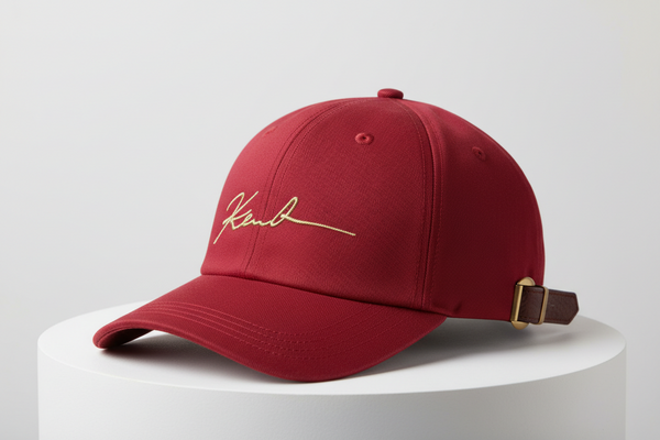 Red cap with gold embroidery on a white pedestal against a light gray background