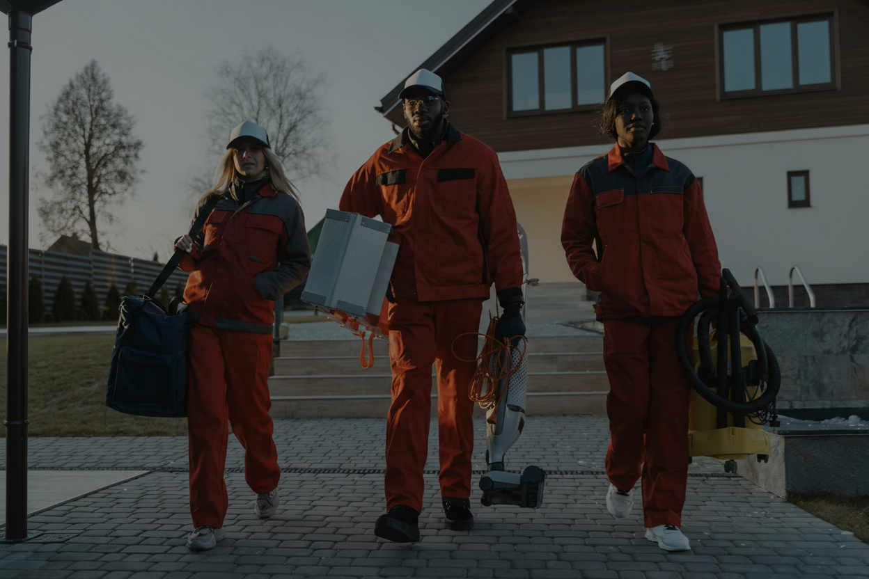 Three workers in orange uniforms walking outside a building.